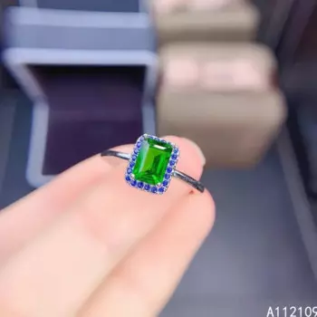 Женское прямоугольное регулируемое кольцо из серебра 925 пробы с диопсидом