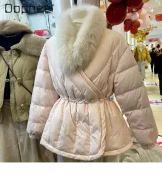 Женское пуховое пальто с лисьим мехом, 2024, зимняя куртка на шнуровке с v-образным вырезом, белая утиная легкая пуховая куртка, однотонная женская модная одежда