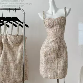 Женское роскошное твидовое платье с розовыми бусинами, модное привлекательное маленькое платье на бретелях со стразами, французское женское платье без рукавов