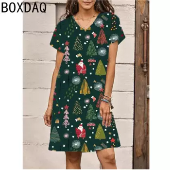 Женское рождественское праздничное платье с 3D рождественской елкой, рождественский подарок, платье с рисунком Санта-Клауса, элегантное женское повседневное платье с коротким рукавом