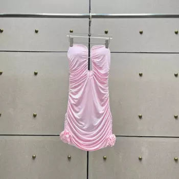 Женское розовое мини-платье без рукавов с рюшами