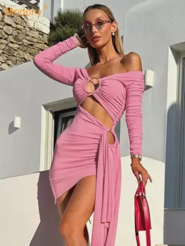 Женское розовое платье с длинным рукавом, V-образным вырезом