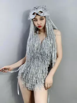 Женское серебристое боди с блестящими кристаллами, с кисточками и открытой спиной, черное бикини с бахромой, танцевальный наряд, сексуальный костюм для бара, ночного клуба, DJ, певицы