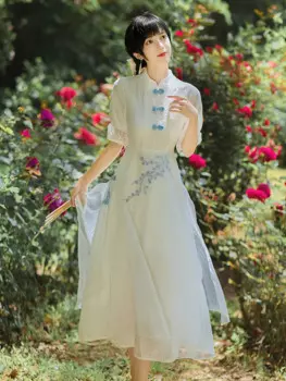 Женское Сетчатое платье Чонсам с вышивкой, улучшенная версия, с воротником-стойкой, литературное кружевное платье в стиле ретро с пуговицами-дисками