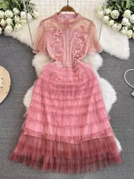 Женское Сетчатое платье с круглым вырезом и коротким рукавом