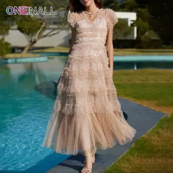 Женское Сетчатое платье с V-образным вырезом и коротким рукавом