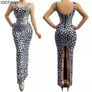 Женское сексуальное геометрическое серебряное зеркальное короткое и длинное платье для дня рождения, элегантное платье без рукавов с блестками, платья DJ DS