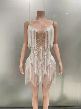 Женское сексуальное сетчатое облегающее платье с белыми блестками и кисточками, модный костюм для ночного клуба, бара, вечера, певицы, сценический костюм