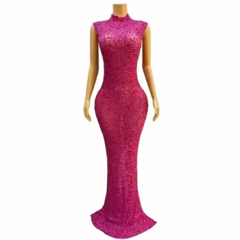 Женское сексуальное Сетчатое платье для празднования вечеринки, выпускного, дня рождения, одежда для фотосессии, блестящее длинное платье стрейч без рукавов со стразами