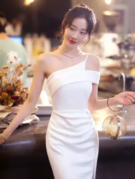 Женское сексуальное вечернее платье с вырезами, элегантное дизайнерское платье средней длины с одним открытым плечом, облегающее раздвоенное платье-Русалка