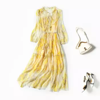 Женское шелковое платье с цветочным принтом, Элегантное летнее платье-пуловер с V-образным вырезом и длинным рукавом, 100%