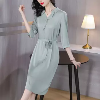 Женское шелковое платье с V-образным вырезом и коротким рукавом