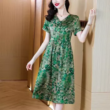 Женское шелковое платье с V-образным вырезом и коротким рукавом