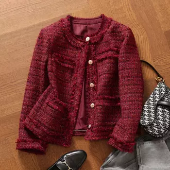 Женское шерстяное пальто, красное твидовое пальто во французском стиле с круглым вырезом, короткая куртка, осенняя модная женская куртка, 2024