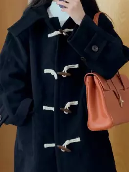 Женское шерстяное пальто на пуговицах, черное уличное длинное пальто в Корейском стиле, Повседневная Свободная куртка на зиму, 2023