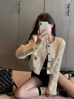 Женское шерстяное пальто с блестками, Элегантное однобортное пальто знаменитости из грубой шерсти с круглым вырезом, французская милая куртка на осень