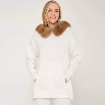 Женское шерстяное пальто с капюшоном и кроличьим мехом