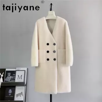 Женское шерстяное пальто Tajiyane, двубортное пальто из 100% овчины, длинное пальто для осени и зимы, 2024