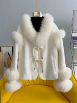 Женское шерстяное пальто, утепленная твидовая Зимняя шерстяная куртка с имитацией меха, универсальная свободная длинная куртка