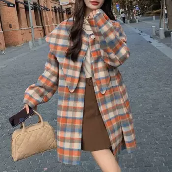 Женское шерстяное пальто в стиле ретро, клетчатая шаль, свободная шерстяная куртка во французском стиле на осень и зиму, 2024