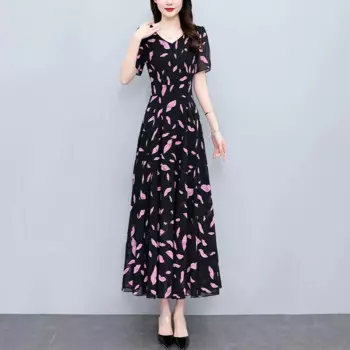 Женское шифоновое длинное платье с V-образным вырезом и коротким рукавом