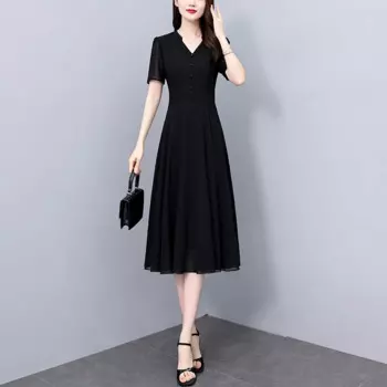 Женское шифоновое длинное платье с V-образным вырезом и коротким рукавом