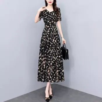 Женское шифоновое длинное платье с V-образным вырезом и коротким рукавом