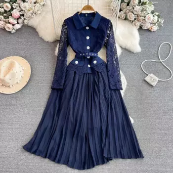 Женское шифоновое кружевное платье, плиссированное повседневное ТРАПЕЦИЕВИДНОЕ ПЛАТЬЕ С поясом в стиле пэчворк, осень-весна