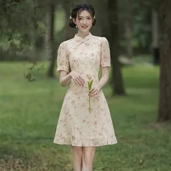 Женское шифоновое платье-Ципао с цветочным принтом, размеры до 3XL