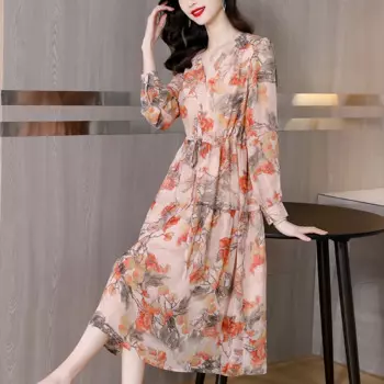 Женское шифоновое платье-миди с цветочной вышивкой и V-образным вырезом