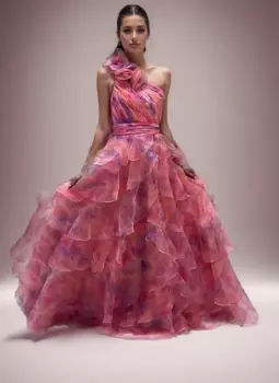 Женское шифоновое платье-миди с цветочным принтом и оборками