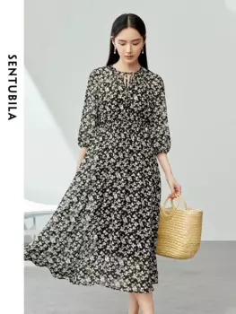 Женское шифоновое платье-миди с круглым вырезом и цветочным принтом