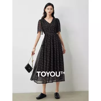 Женское шифоновое платье с коротким рукавом и V-образным вырезом