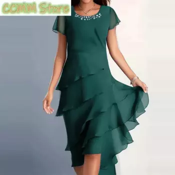 Женское шифоновое платье с круглым вырезом, коротким рукавом