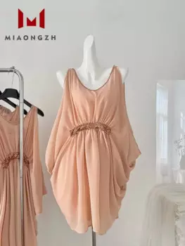 Женское шифоновое платье с рукавами «летучая мышь» и круглым вырезом