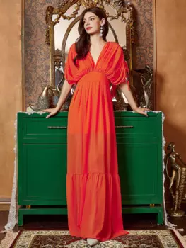 Женское шифоновое платье с V-образным вырезом, коротким рукавом