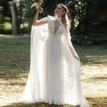 Женское шифоновое платье-трапеция Ciynsia, элегантное пляжное платье невесты с накидкой и V-образным вырезом