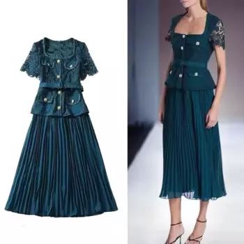 Женское шифоновое плиссированное платье, модельное кружевное лоскутное платье средней длины с квадратным вырезом и коротким рукавом, ажурное платье с ремнем, лето