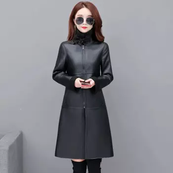 Женское слитное меховое пальто с отложным воротником, модные черные Куртки из искусственной кожи, Женская Удлиненная флисовая толстая верхняя одежда больших размеров, зима 2023