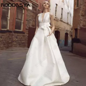 Женское свадебное платье RODDRSYA, ТРАПЕЦИЕВИДНОЕ ПЛАТЬЕ С Глубоким V-образным вырезом, изысканное платье без рукавов с бантом, простой стиль, индивидуальный пошив Глубокий V-образный вырез A-Line Vestido Noiva Изыскан