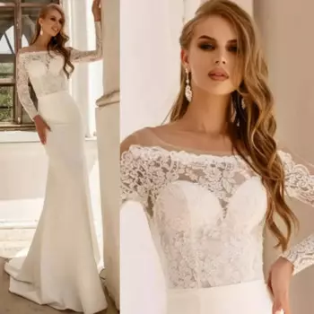 Женское свадебное платье с длинным рукавом и круглым вырезом