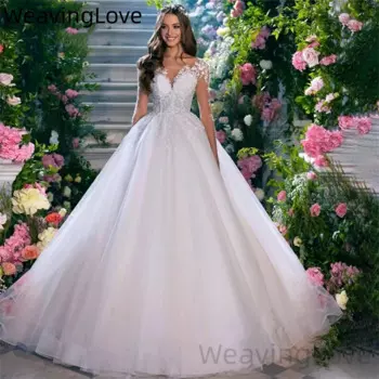 Женское свадебное платье с кружевной аппликацией, элегантное ТРАПЕЦИЕВИДНОЕ ПЛАТЬЕ с длинными рукавами и круглым вырезом