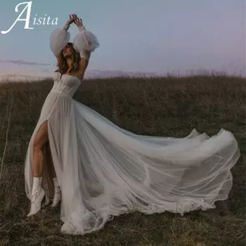 Женское свадебное платье с кружевной аппликацией, элегантное платье с открытой спиной и шлейфом без рукавов