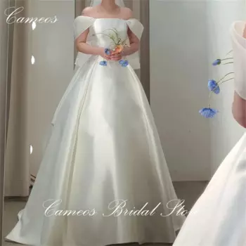 Женское свадебное платье с открытыми плечами SONDR, простое атласное ТРАПЕЦИЕВИДНОЕ платье невесты на заказ, классическое свадебное платье с коротким рукавом