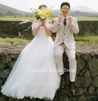 Женское свадебное платье с рюшами и открытыми плечами, из органзы