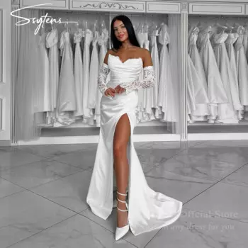 Женское свадебное платье с юбкой годе, элегантное кружевное платье невесты со съемными рукавами, 2025