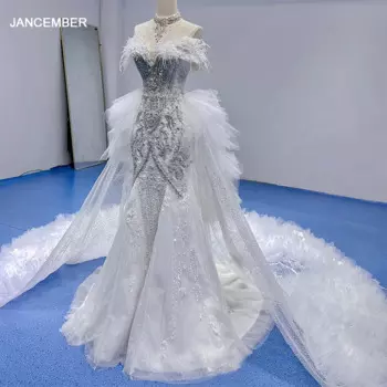 Женское свадебное платье с юбкой годе, коротким рукавом и перьями
