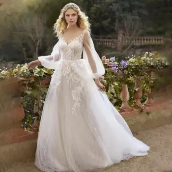 Женское свадебное платье с юбкой годе, элегантное Привлекательное платье с открытой спиной, кружевной аппликацией и глубоким V-образным вырезом, пышное платье невесты с длинными рукавами