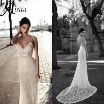 Женское свадебное платье с V-образным вырезом, кружевное платье невесты с открытой спиной и шлейфом