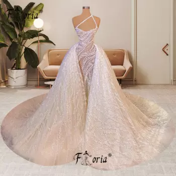 Женское свадебное платье со съемным шлейфом, кружевное платье невесты без рукавов с блестками, 2023